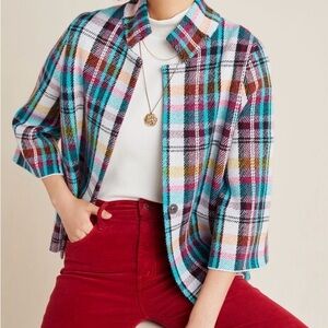 Anthropologie Colorful Plaid 3/4 Sleeve Blazer Size Medium NWOT